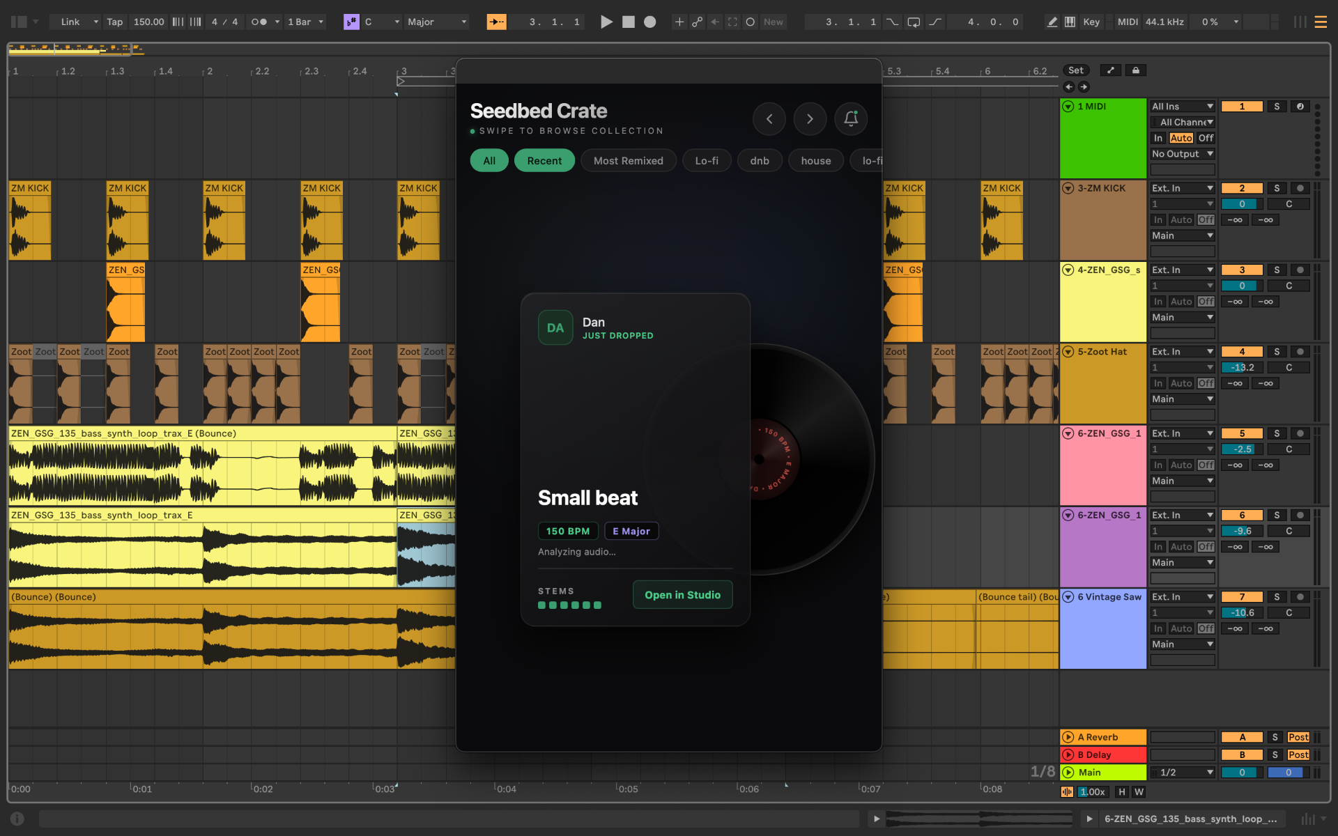 The Seedbed Crate dialog floating inside an Ableton Live session